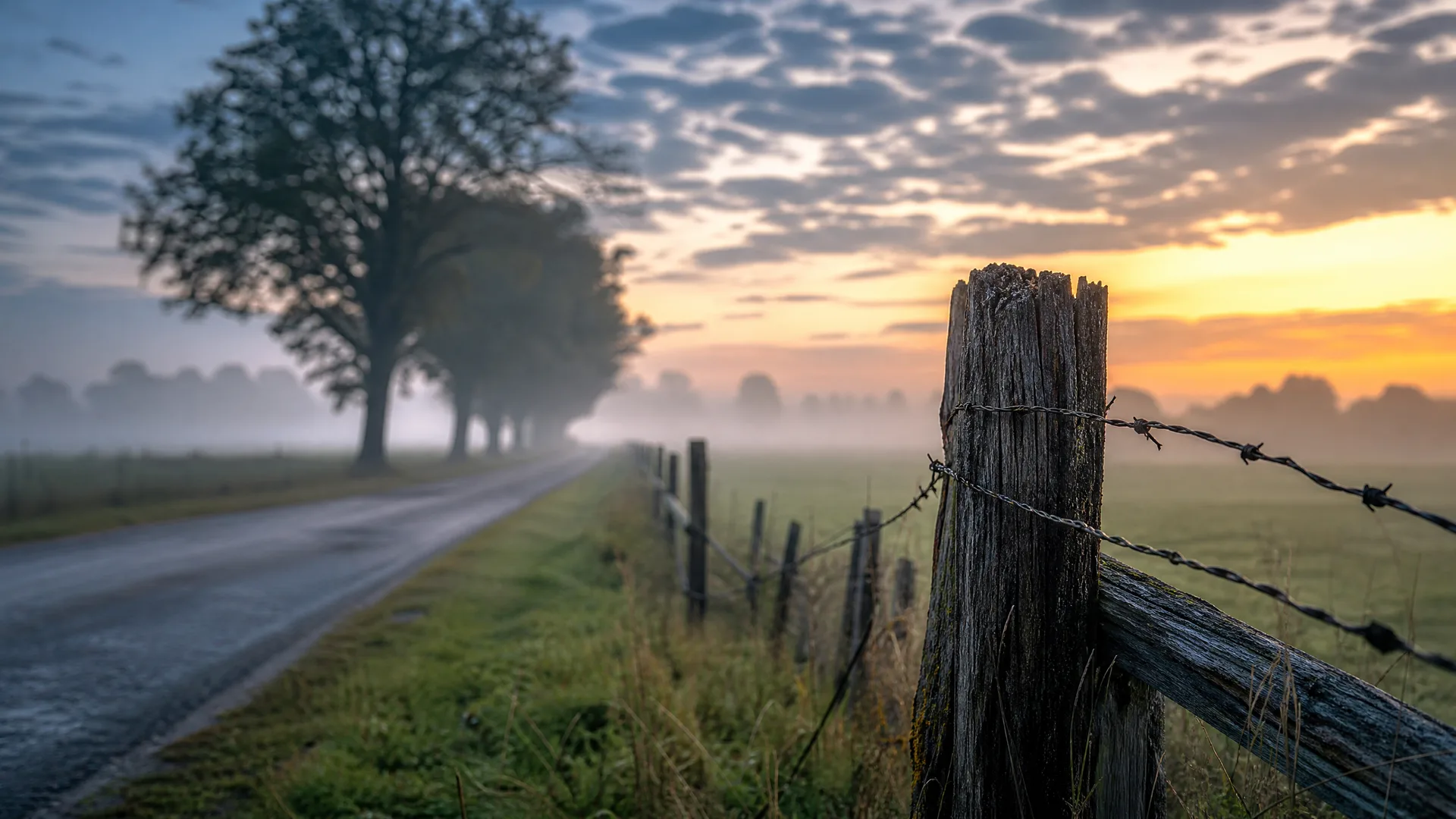 A weathered wooden fence post with barbed wire in the foreground beside a narrow paved road lined with trees, with mist over grassy fields and an orange sunrise under patterned clouds.