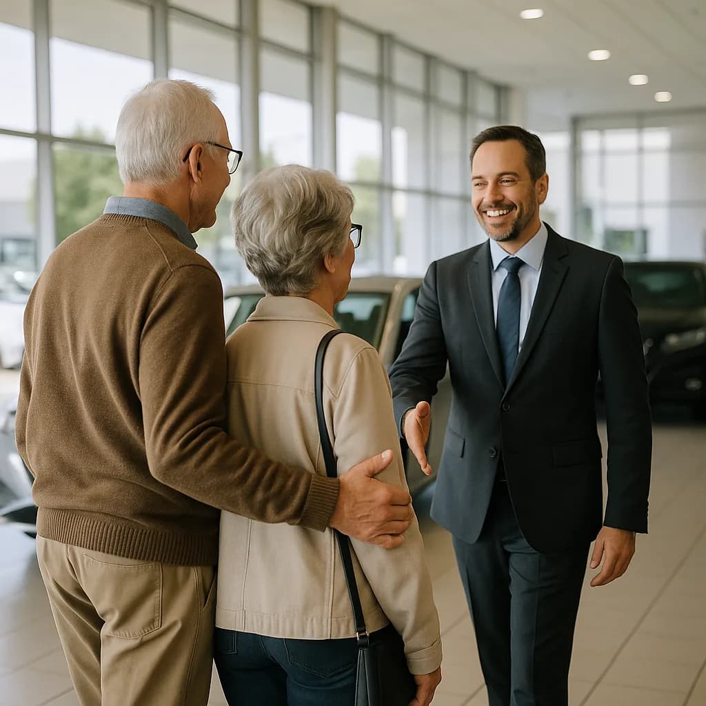 Car salesman greeting senior couple with handshake in modern dealership showroom