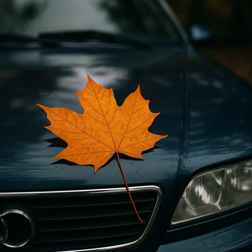 Orange maple leaf on wet dark blue car hood with water droplets and visible headlight