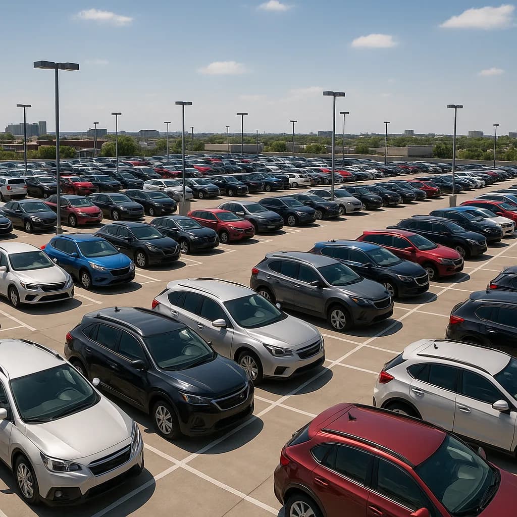 Aerial view of crowded car dealership lot with rows of new vehicles in multiple colors and tall light poles