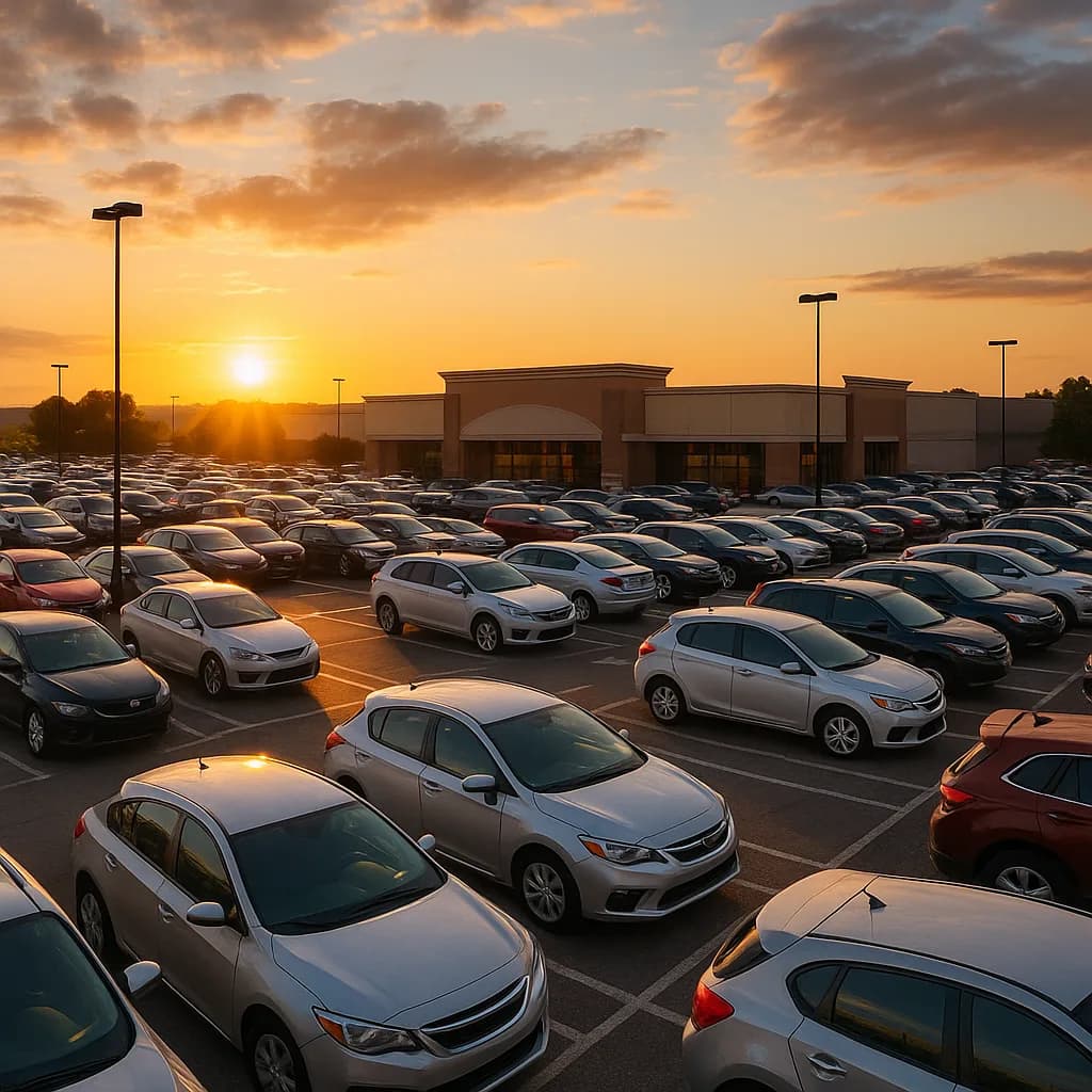 Crowded shopping center parking lot at sunset with rows of cars and retail buildings in background