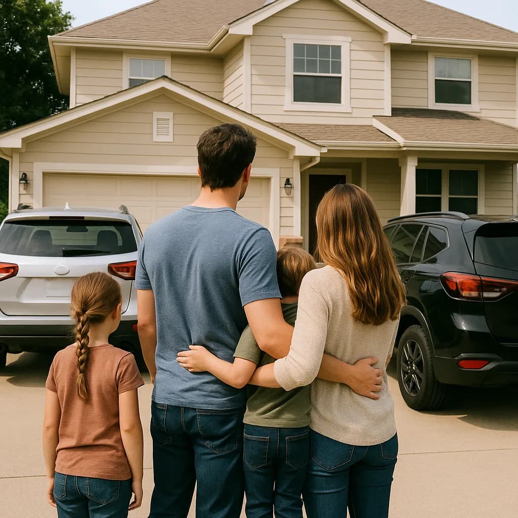 Family of four standing in driveway looking at their suburban two-story home with two cars parked outside