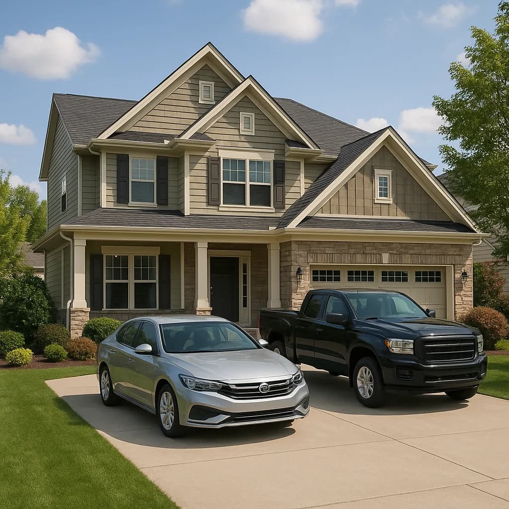 Two-story tan craftsman home with silver sedan and black truck parked in driveway