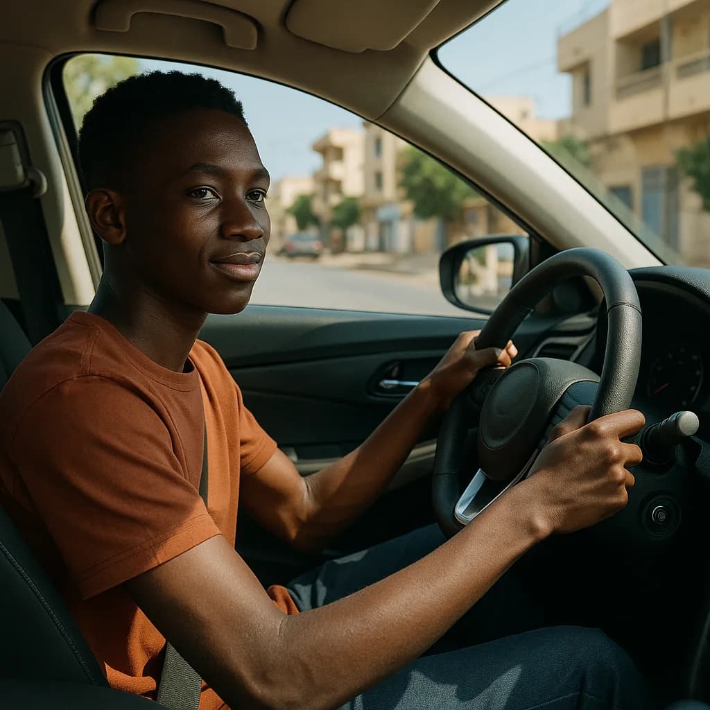 Young man in orange shirt sitting in driver's seat of car on urban street