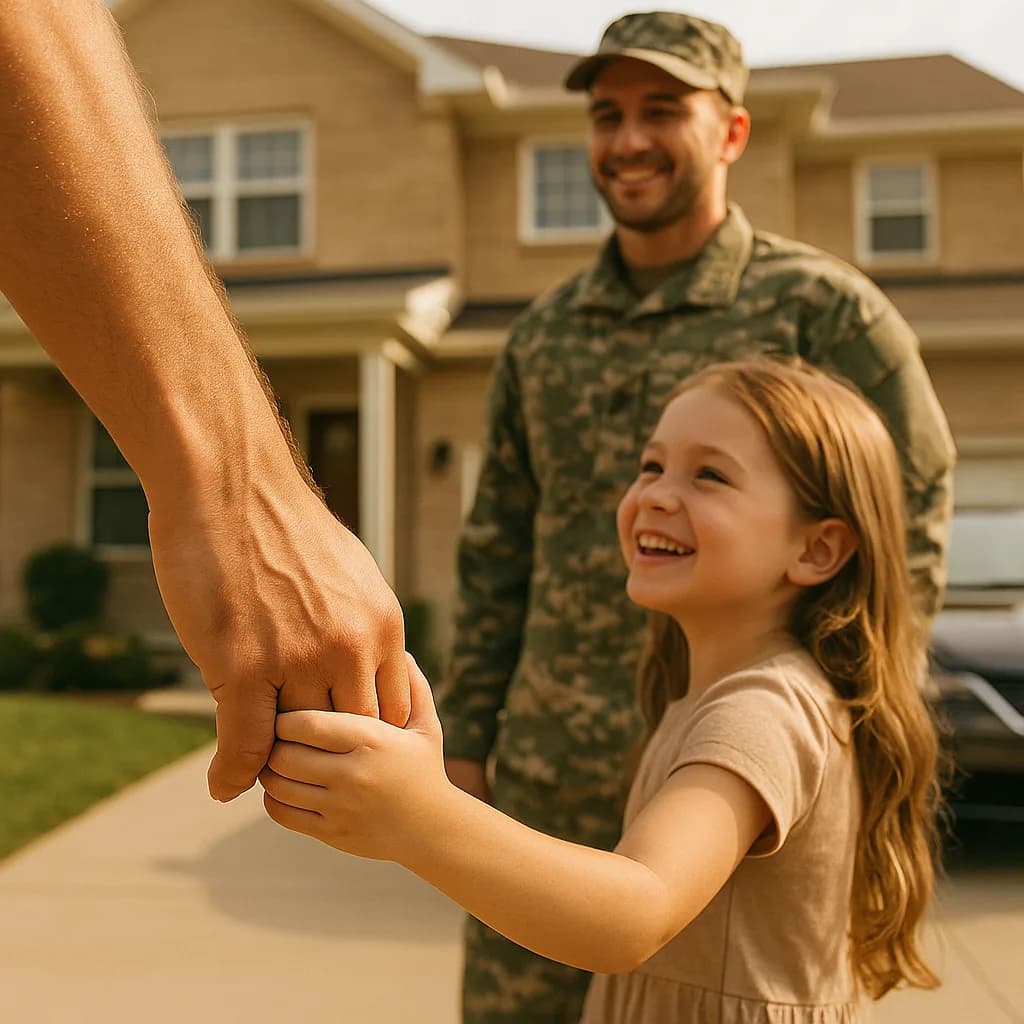 Soldier in uniform reuniting with young daughter holding hands outside suburban home