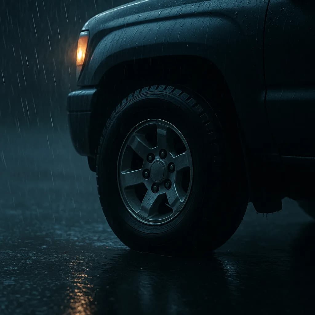 Close-up of truck wheel with glowing amber light in heavy rain at night