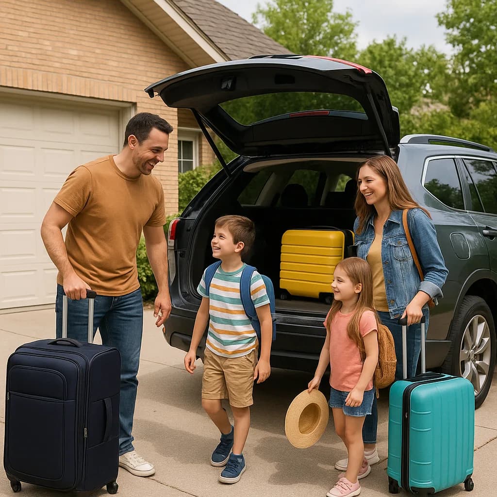 Family loading colorful luggage into SUV trunk for vacation trip outside suburban home