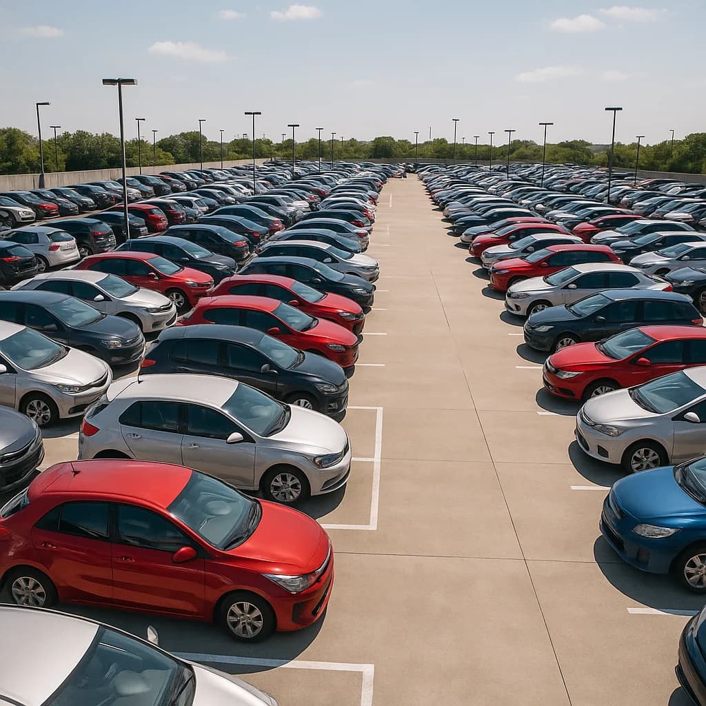 Aerial view of crowded car dealership lot with rows of new vehicles in various colors