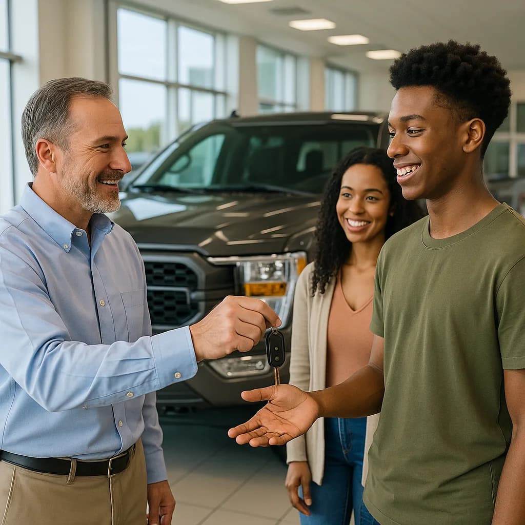 Car salesman handing keys to smiling young couple at dealership with vehicle in background