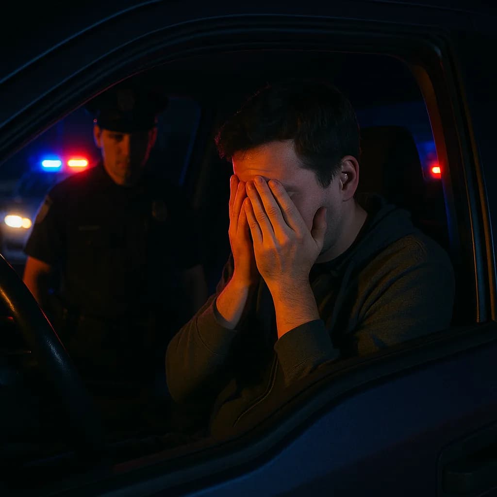 Man covering face during police traffic stop at night with flashing police lights in background